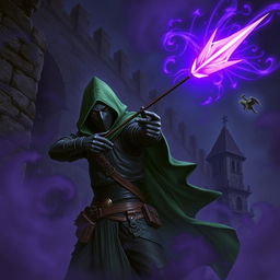 A hooded rogue assassin, equipped with a ninja mask, sleek black leather armor, and a flowing green cloak, stands poised in the depths of night