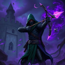 A hooded rogue assassin, equipped with a ninja mask, sleek black leather armor, and a flowing green cloak, stands poised in the depths of night