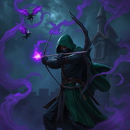 A hooded rogue assassin, equipped with a ninja mask, sleek black leather armor, and a flowing green cloak, stands poised in the depths of night