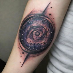 Design a tattoo, blending elements of physics such as atoms, particles, quantum waves, and galaxies into an enthralling and intriguing piece of body art.