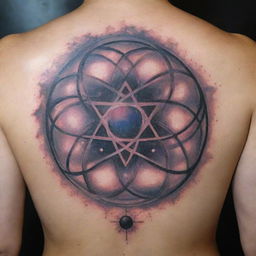 Design a tattoo, blending elements of physics such as atoms, particles, quantum waves, and galaxies into an enthralling and intriguing piece of body art.