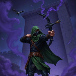 A hooded rogue assassin, clad in a ninja mask, sleek black leather armor, and a flowing green hooded cloak, stands with determination