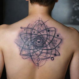 Design a tattoo, blending elements of physics such as atoms, particles, quantum waves, and galaxies into an enthralling and intriguing piece of body art.