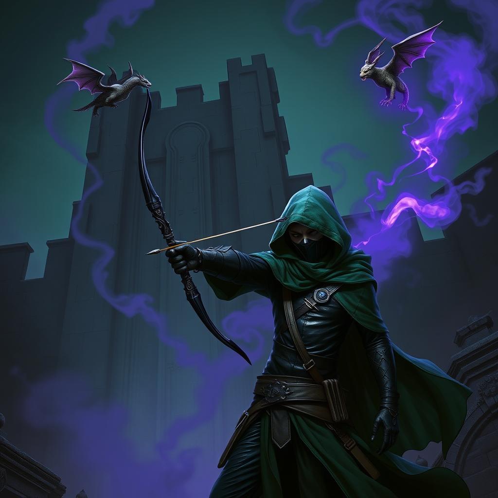 A hooded rogue assassin, clad in a ninja mask, sleek black leather armor, and a flowing green hooded cloak, stands with determination