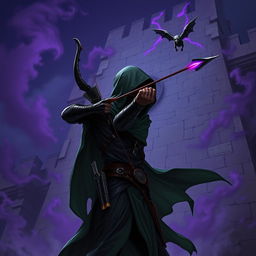 A hooded rogue assassin, clad in a ninja mask, sleek black leather armor, and a flowing green hooded cloak, stands with determination