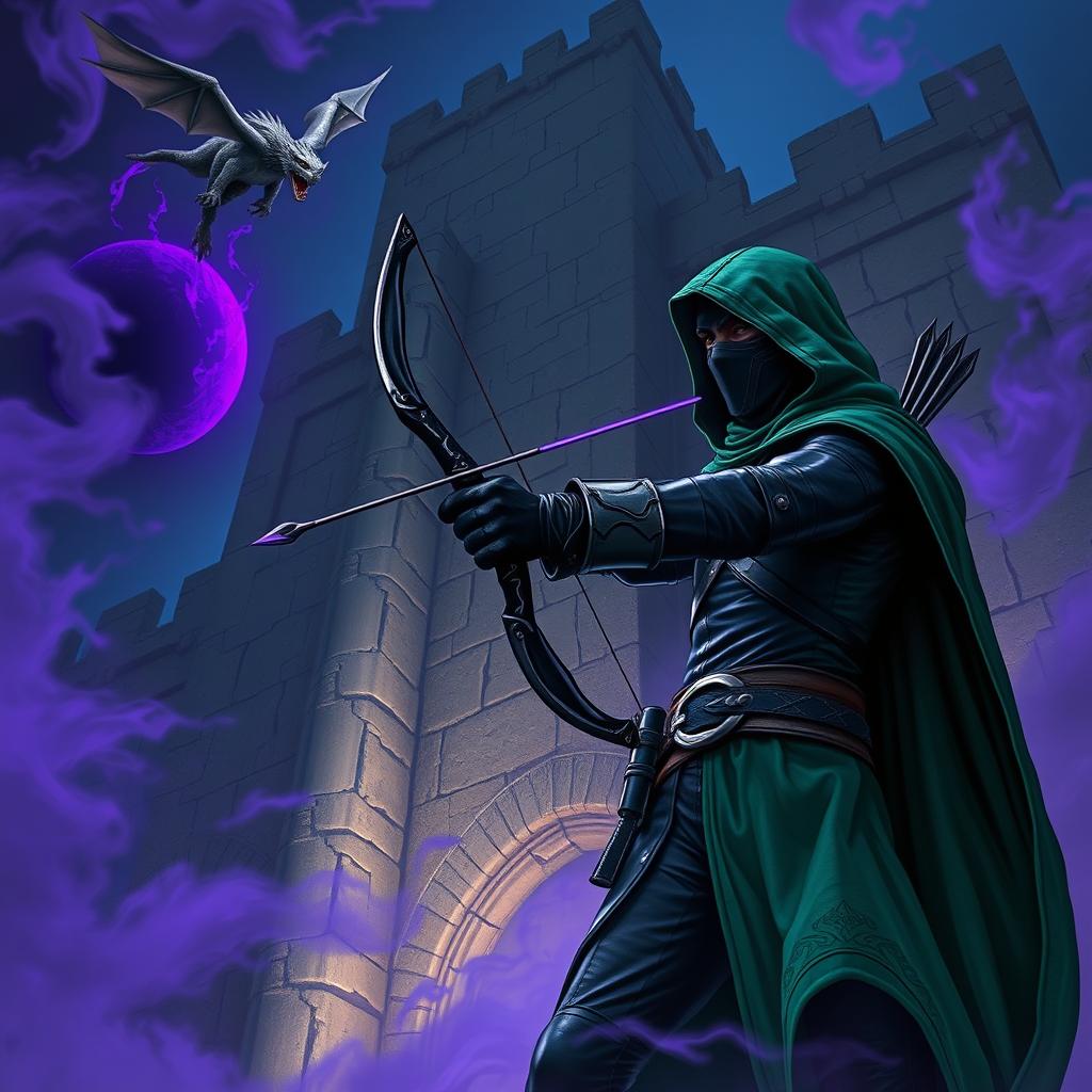 A hooded rogue assassin, clad in a ninja mask, sleek black leather armor, and a flowing green hooded cloak, stands with determination