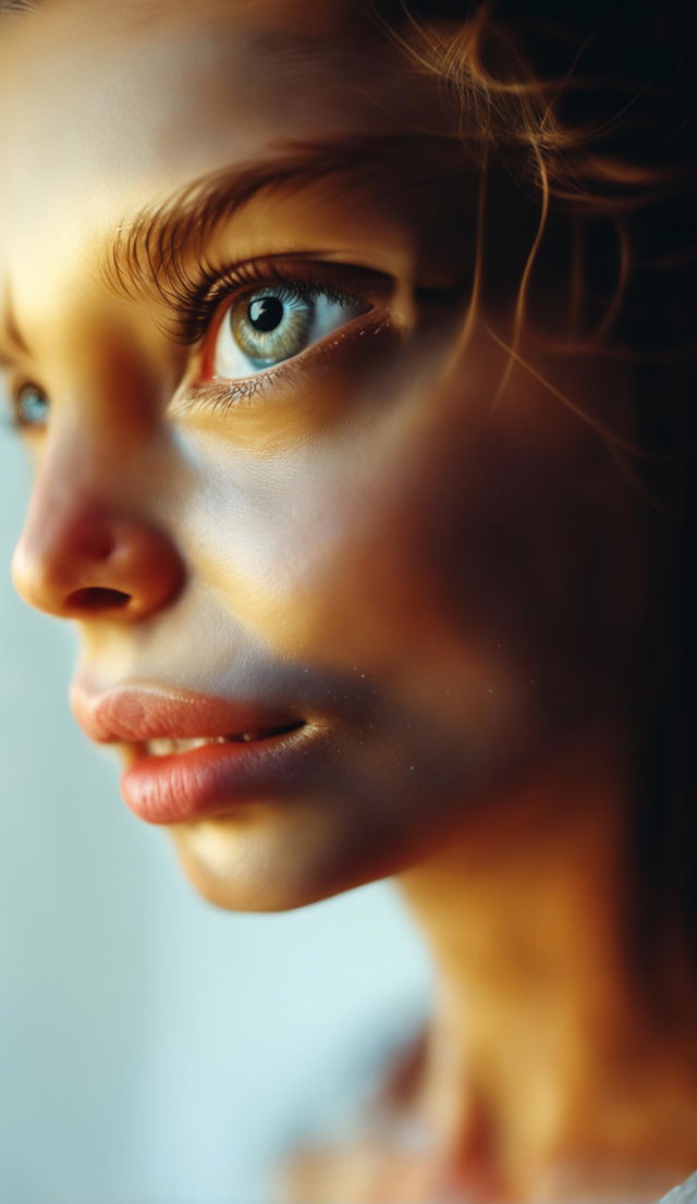 Side profile of a face with high cheekbones, bright eyes, straight nose, full lips, and wavy hair falling to the shoulders against a blurred background.