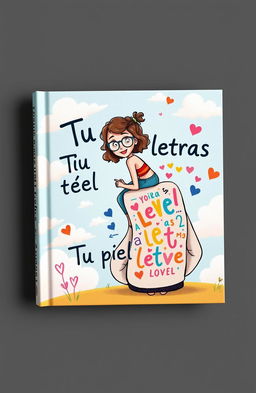 A whimsical book cover illustration for a title "Tu piel tiene letras" featuring a cartoon-style scene of a female writer and her partner