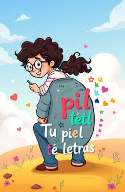 A whimsical book cover illustration for a title "Tu piel tiene letras" featuring a cartoon-style scene of a female writer and her partner