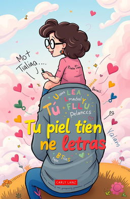 A whimsical book cover illustration for a title "Tu piel tiene letras" featuring a cartoon-style scene of a female writer and her partner