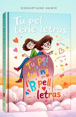 A whimsical book cover illustration for a title "Tu piel tiene letras" featuring a cartoon-style scene of a female writer and her partner