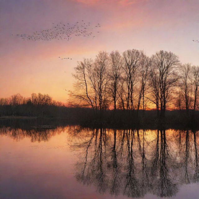 Generate an image of an enchanting sunset view over a serene lake, with trees reflecting in the still water and a flock of birds flying back to their nests.