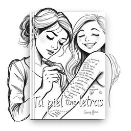 A creative book cover illustration for the title "Tu piel tiene letras" featuring a detailed sketch-style scene of a female writer and her partner