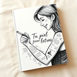 A creative book cover illustration for the title "Tu piel tiene letras" featuring a detailed sketch-style scene of a female writer and her partner