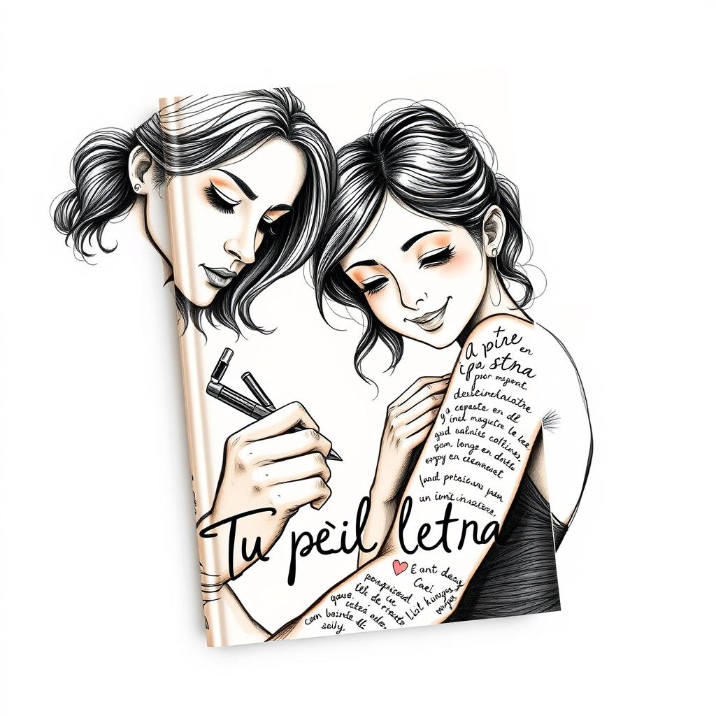 A creative book cover illustration for the title "Tu piel tiene letras" featuring a detailed sketch-style scene of a female writer and her partner