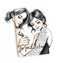 A creative book cover illustration for the title "Tu piel tiene letras" featuring a detailed sketch-style scene of a female writer and her partner