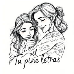 A creative book cover illustration for the title "Tu piel tiene letras" featuring a detailed sketch-style scene of a female writer and her partner