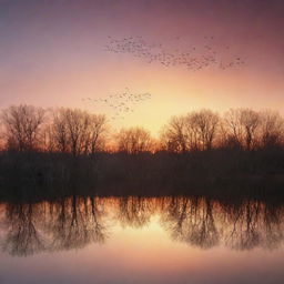 Generate an image of an enchanting sunset view over a serene lake, with trees reflecting in the still water and a flock of birds flying back to their nests.