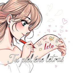 A captivating book cover illustration for the title "Tu piel tiene letras" that features an anime-inspired sketch of a female writer and her boyfriend