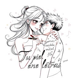 A captivating book cover illustration for the title "Tu piel tiene letras" that features an anime-inspired sketch of a female writer and her boyfriend