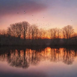 Generate an image of an enchanting sunset view over a serene lake, with trees reflecting in the still water and a flock of birds flying back to their nests.