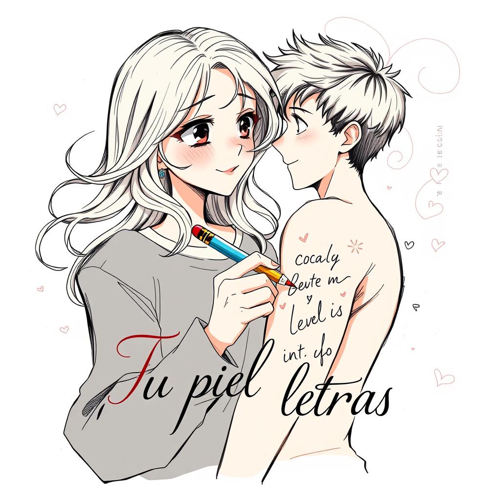 A captivating book cover illustration for the title "Tu piel tiene letras" that features an anime-inspired sketch of a female writer and her boyfriend