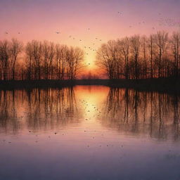 Generate an image of an enchanting sunset view over a serene lake, with trees reflecting in the still water and a flock of birds flying back to their nests.