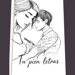 An enchanting book cover illustration for the title "Tu piel tiene letras" that showcases a sketch-style scene of a female writer and her boyfriend