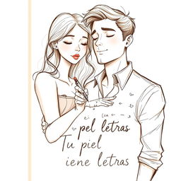 An enchanting book cover illustration for the title "Tu piel tiene letras" that showcases a sketch-style scene of a female writer and her boyfriend