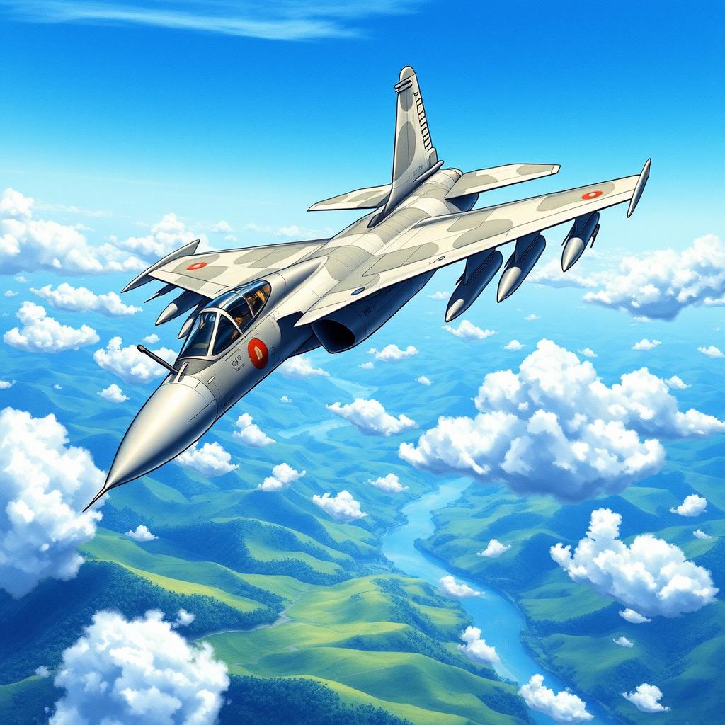 A detailed illustration of a Sukhoi Su-24 fighter aircraft soaring through a bright blue sky