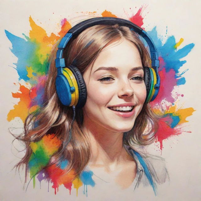 Sketch of a cheerful girl engrossed in the music she's listening to, her world blooming into a spectrum of vivid colors