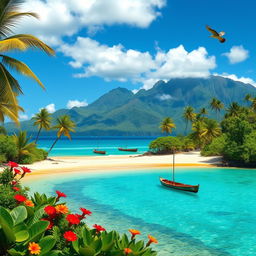 A vibrant landscape of Oceania featuring a stunning beach scene with golden sand and crystal clear turquoise waters