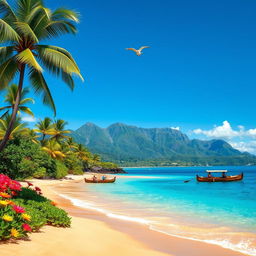 A vibrant landscape of Oceania featuring a stunning beach scene with golden sand and crystal clear turquoise waters