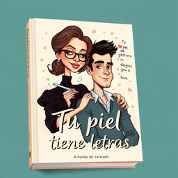 A stylish book cover illustration for the title "Tu piel tiene letras" featuring a mature, caricatured depiction of a female writer and her boyfriend