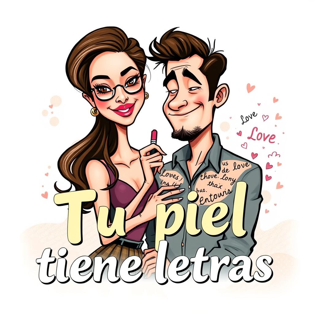 A stylish book cover illustration for the title "Tu piel tiene letras" featuring a mature, caricatured depiction of a female writer and her boyfriend