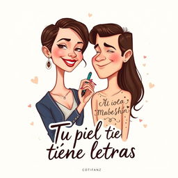 A stylish book cover illustration for the title "Tu piel tiene letras" featuring a mature, caricatured depiction of a female writer and her boyfriend