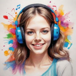 Sketch of a cheerful girl engrossed in the music she's listening to, her world blooming into a spectrum of vivid colors