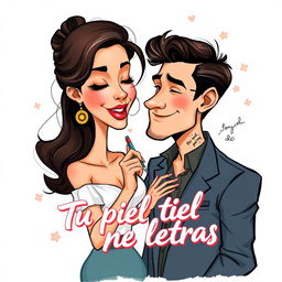 A stylish book cover illustration for the title "Tu piel tiene letras" featuring a mature, caricatured depiction of a female writer and her boyfriend