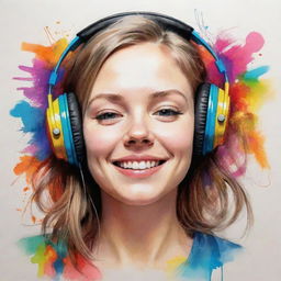 Sketch of a cheerful girl engrossed in the music she's listening to, her world blooming into a spectrum of vivid colors