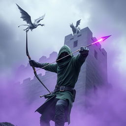 A hooded rogue assassin wielding a bow, dressed in a green hooded cloak and black leather clothing, with a ninja mask covering his face