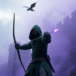 A hooded rogue assassin wielding a bow, dressed in a green hooded cloak and black leather clothing, with a ninja mask covering his face