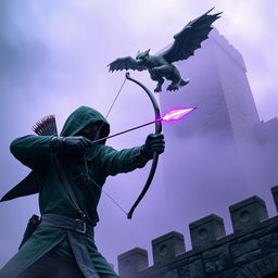 A hooded rogue assassin wielding a bow, dressed in a green hooded cloak and black leather clothing, with a ninja mask covering his face