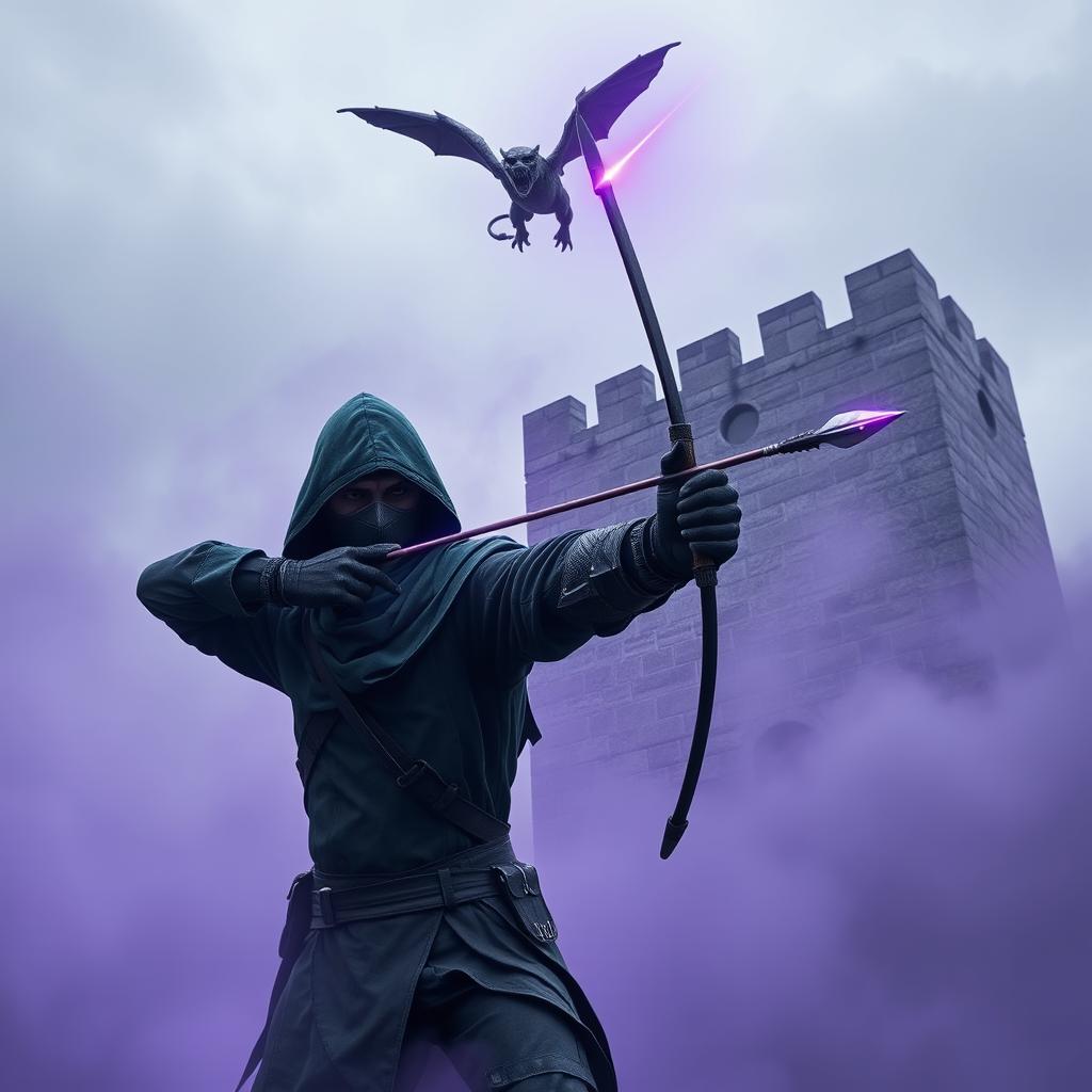 A hooded rogue assassin wielding a bow, dressed in a green hooded cloak and black leather clothing, with a ninja mask covering his face