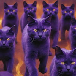 Show the vast, menacing army of purple cats marching forth in the fiery background, their eyes shining with a determined eerie glow, echoing the sinister aura of their leader.