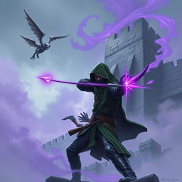 A hooded rogue assassin skillfully using a bow to attack, dressed in a green hooded cloak, a ninja mask, and black leather clothing