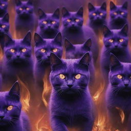 Show the vast, menacing army of purple cats marching forth in the fiery background, their eyes shining with a determined eerie glow, echoing the sinister aura of their leader.