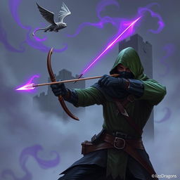 A hooded rogue assassin skillfully using a bow to attack, dressed in a green hooded cloak, a ninja mask, and black leather clothing