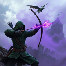 A hooded rogue assassin skillfully using a bow to attack, dressed in a green hooded cloak, a ninja mask, and black leather clothing