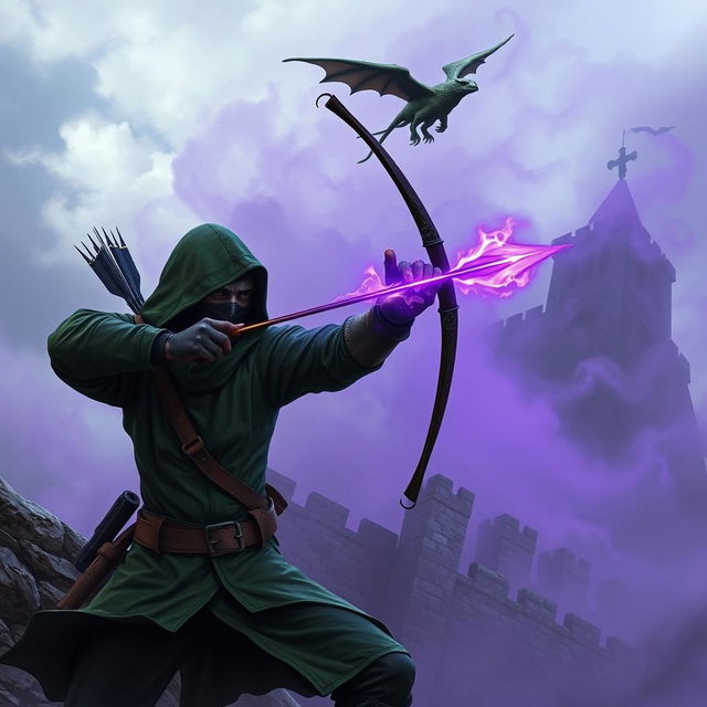 A hooded rogue assassin skillfully using a bow to attack, dressed in a green hooded cloak, a ninja mask, and black leather clothing