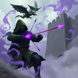 A hooded rogue assassin skillfully using a bow to attack, dressed in a green hooded cloak, a ninja mask, and black leather clothing